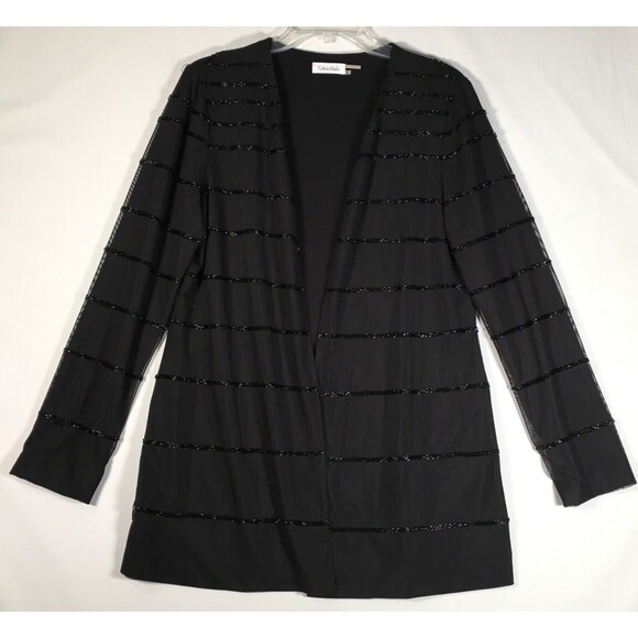 Calvin Klein Womens Large Black Poly Mesh Beaded Line Open Front Coat Cardigan - Picture 6 of 13